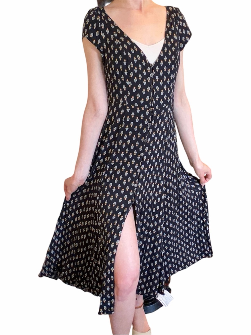 Urban Outfitters Black Floral V-Neck Midi Dress with Front Slit